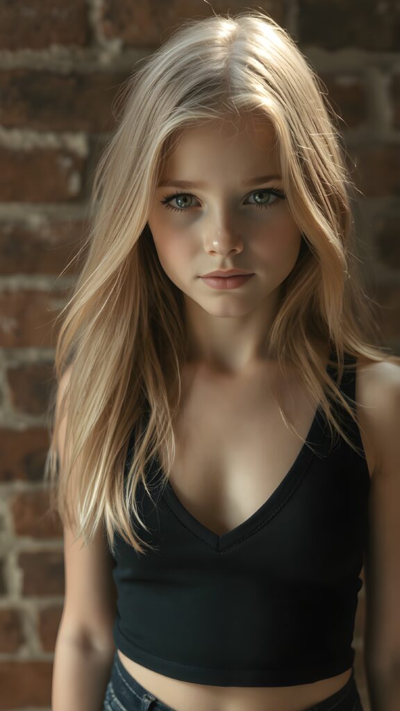 detailed photo from a young girl, wearing black tight cropped tank top with a deep v-neck, flowing long blond hair shine with bright light, against the background of a brick wall