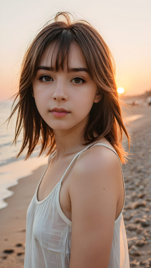 detailed photo: a teen emo girl with soft hazelnut shoulder-length straight hair framing her face in gentle bangs, ((on a lonely beach with a sunrise)), she wears a thin tank top made of silk