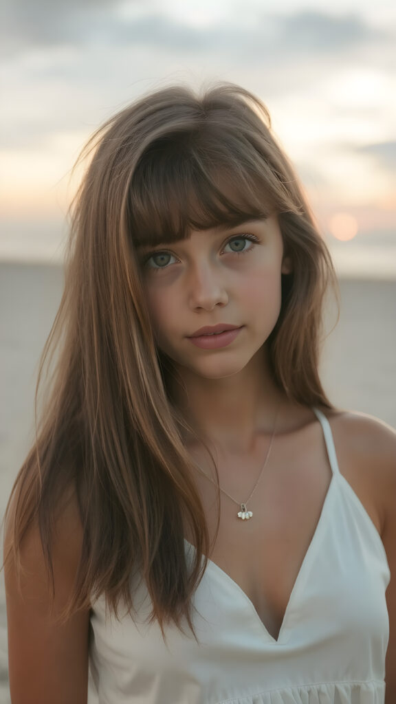 detailed photo: a teen tanned girl with soft hazelnut very long straight hair framing her face in gentle bangs, ((on a lonely beach with a sunrise)), she wears a thin tank top made of white silk, deep v-neck