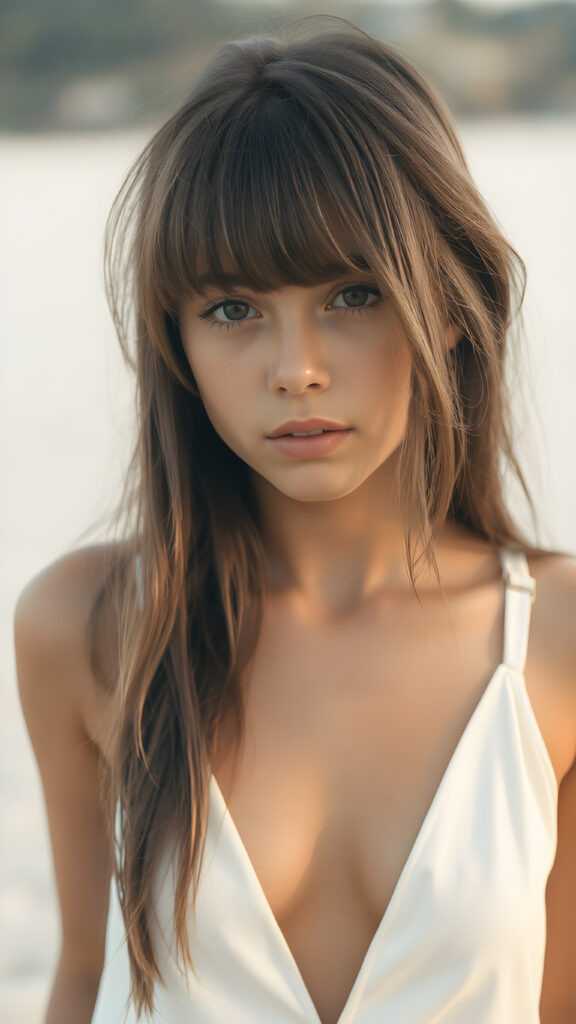 detailed photo: a teen tanned girl with soft hazelnut very long straight hair framing her face in gentle bangs, ((on a lonely beach with a sunrise)), she wears a thin tank top made of white silk, deep v-neck