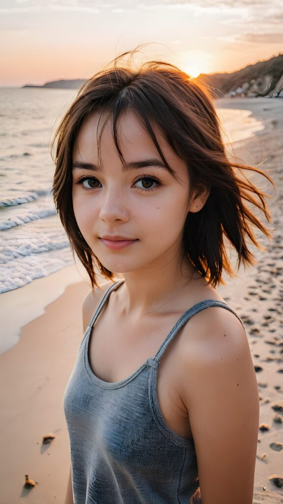 detailed photo: a teen emo girl with soft dark shoulder-length straight hair framing her face in gentle bangs, detailed round face, ((on a lonely beach with a sunrise)), she wears a thin tank top made of fine wool, view from above, warm smile