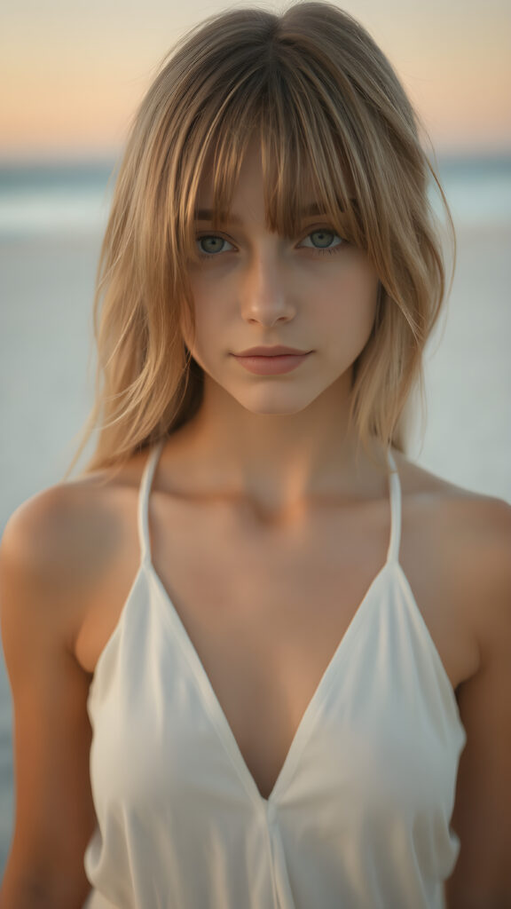 detailed photo: a teen tanned girl with soft hazelnut very long straight hair framing her face in gentle bangs, ((on a lonely beach with a sunrise)), she wears a thin tank top made of white silk, deep v-neck