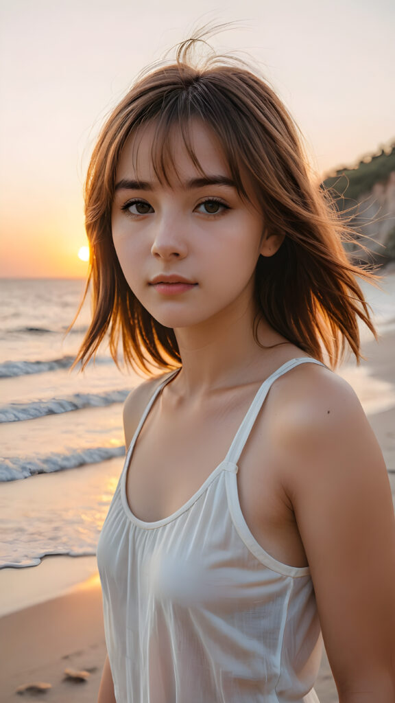 detailed photo: a teen emo girl with soft hazelnut shoulder-length straight hair framing her face in gentle bangs, ((on a lonely beach with a sunrise)), she wears a thin tank top made of silk