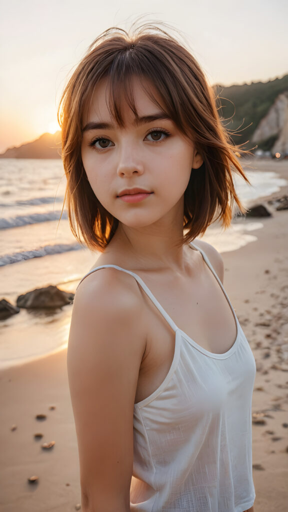 detailed photo: a teen emo girl with soft hazelnut shoulder-length straight hair framing her face in gentle bangs, ((on a lonely beach with a sunrise)), she wears a thin tank top made of silk