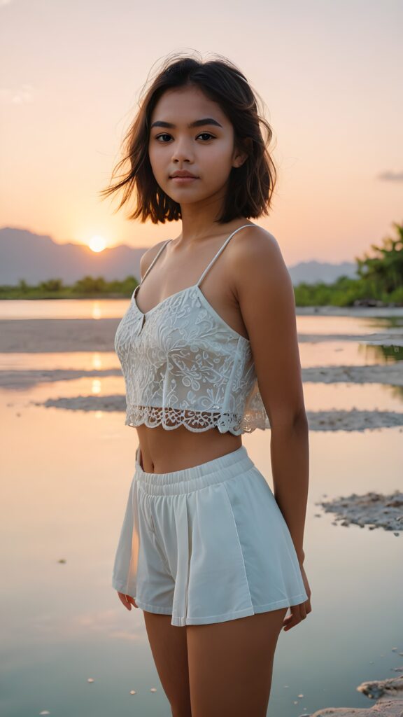 detailed photo: a young cute Exotic teen girl stands on a lonely, paradisiacal lagoon, full body, short crop top, she has soft flowing hair, perfect fit body, sunset in background