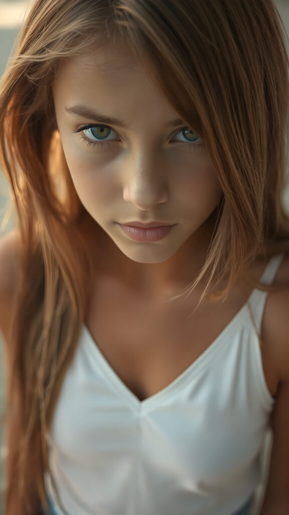 detailed photo: a teen tanned girl with soft hazelnut very long straight hair framing her face in gentle bangs, ((on a lonely beach with a sunrise)), she wears a thin tank top made of white silk, deep v-neck