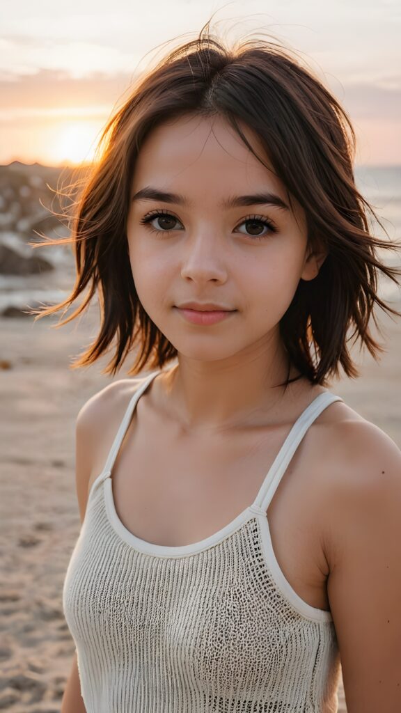 detailed photo: a teen emo girl with soft dark shoulder-length straight hair framing her face in gentle bangs, detailed round face, ((on a lonely beach with a sunrise)), she wears a thin tank top made of fine wool, view from above, warm smile