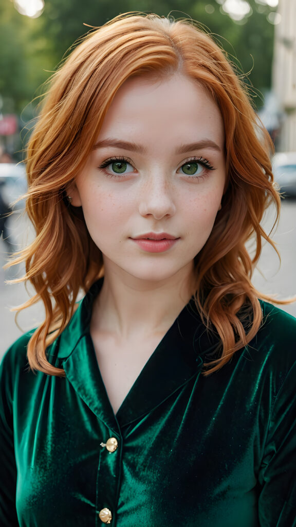 detailed photo: a girl with ginger hair wearing velvet green clothes