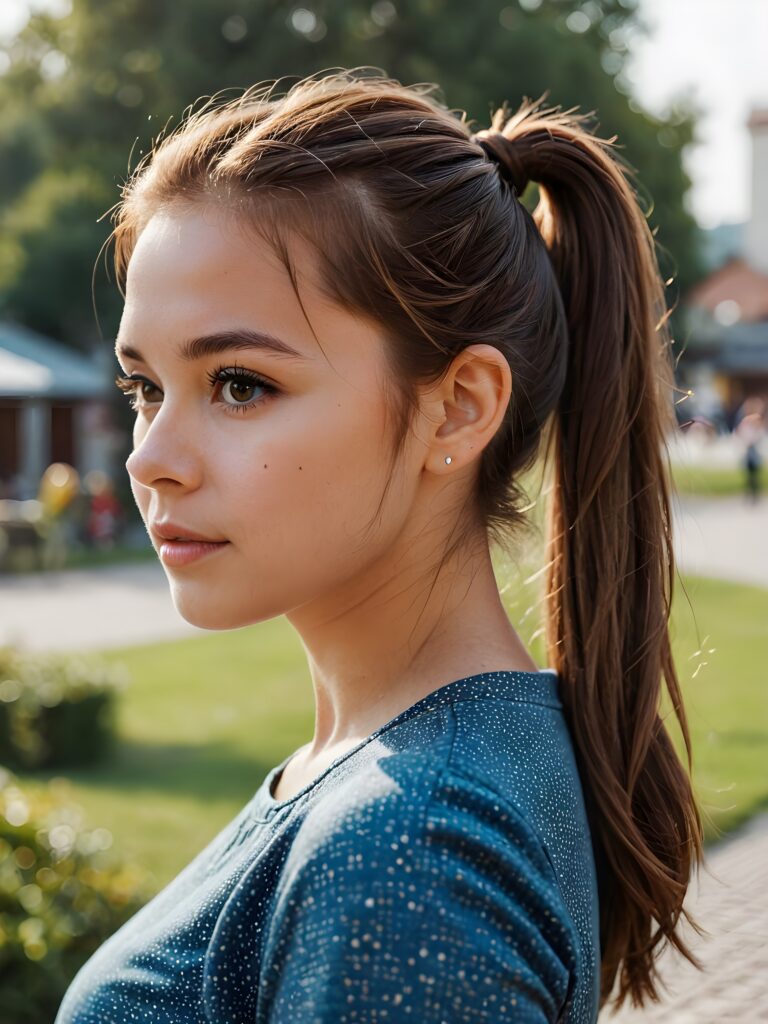 (detailed portrait, side view)) a girl, brown hair, her hair tied into a pony tail