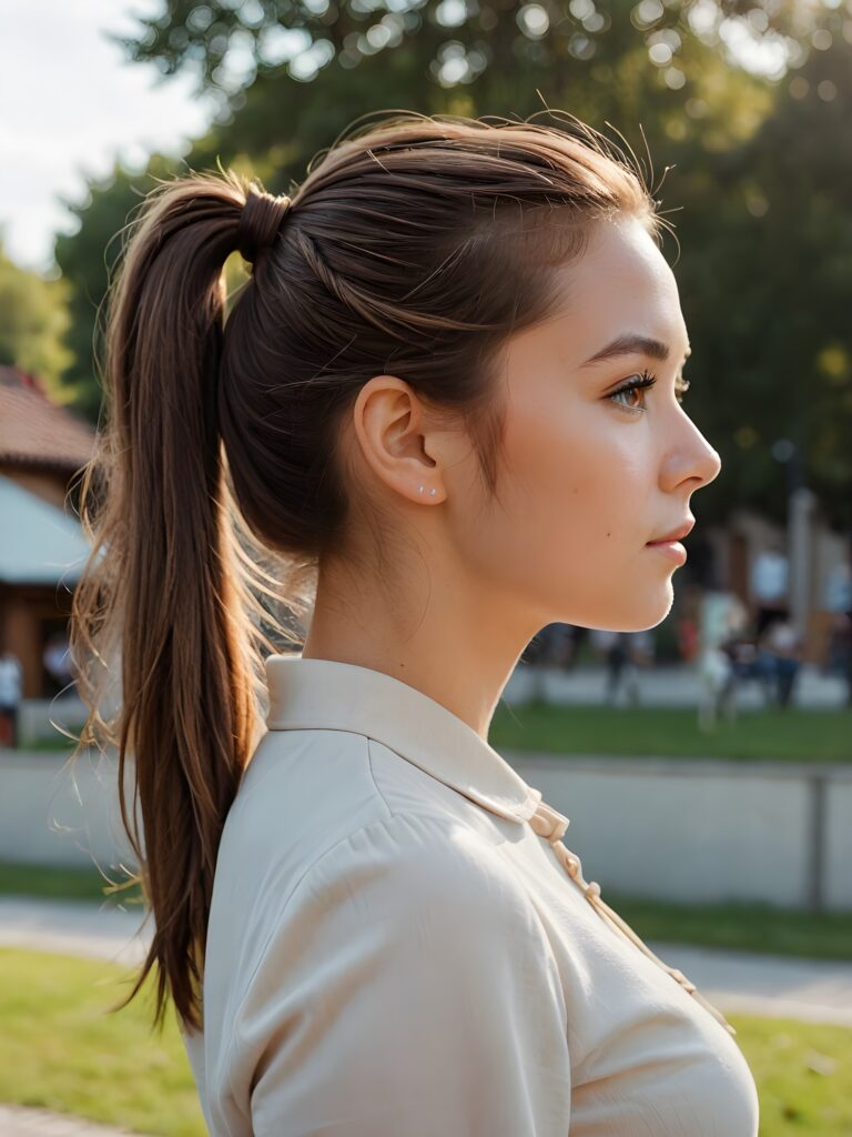 (detailed portrait, side view)) a girl, brown hair, her hair tied into a pony tail