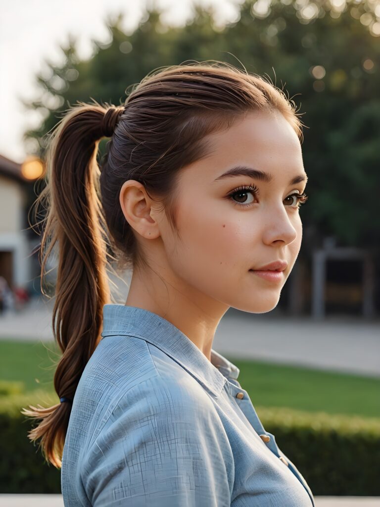 (detailed portrait, side view)) a girl, brown hair, her hair tied into a pony tail