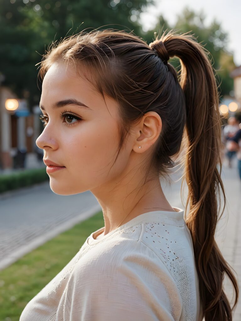 (detailed portrait, side view)) a girl, brown hair, her hair tied into a pony tail