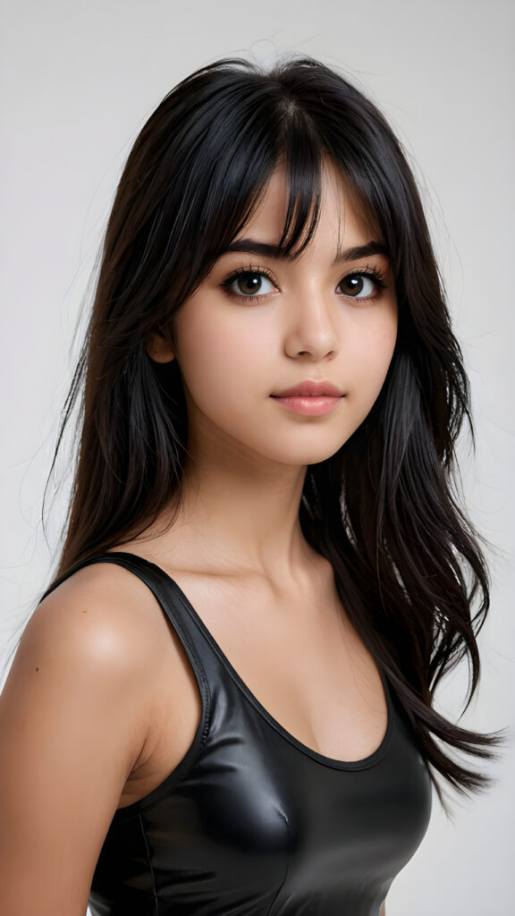 ((detailed, realistic)) ((portrait)) of (((cute and gorgeous))) ((long, straight black soft hair)) ((stunning)) a beautifully ((Persian teen girl)), 15 years old, bangs cut, angelic round face, ((black eye)) looks at the camera, perfect curved body, (wears a super short tight (black tank top) made of latex), white background, side view, ((no background)), cinematic dimmed light