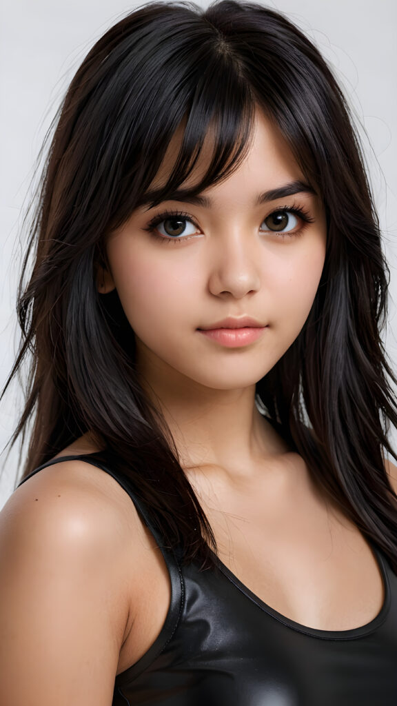 ((detailed, realistic)) ((portrait)) of (((cute and gorgeous))) ((long, straight black soft hair)) ((stunning)) a beautifully ((Persian teen girl)), 15 years old, bangs cut, angelic round face, ((black eye)) looks at the camera, perfect curved body, (wears a super short tight (black tank top) made of latex), white background, side view, ((no background)), cinematic dimmed light