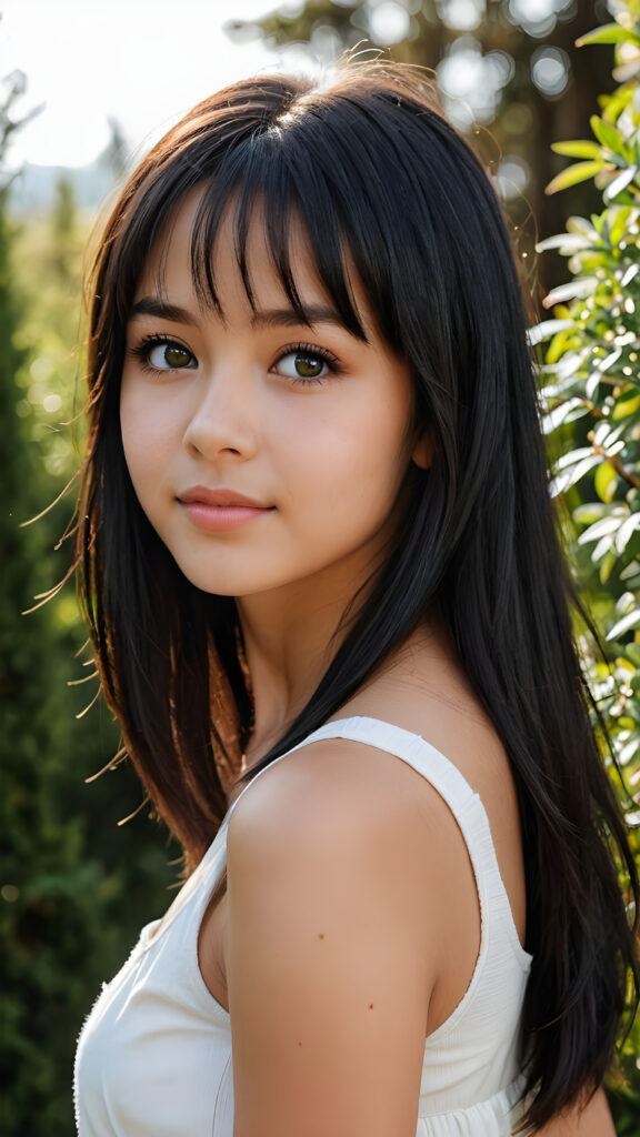 ((detailed, realistic)) ((portrait)) of (((cute and gorgeous))) ((long, straight black hair)) ((stunning)) a beautifully ((young teen girl)), bangs cut, angelic round face, ((black eye)) looks at the camera, perfect curved body, white background, side view, ((no background)), cinematic dimmed light, thin white dressed in a tank top, warm smile. She stands in front of a large green hedge of cypress trees