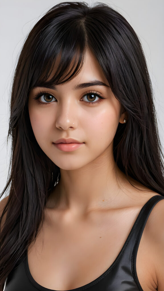 ((detailed, realistic)) ((portrait)) of (((cute and gorgeous))) ((long, straight black soft hair)) ((stunning)) a beautifully ((Persian teen girl)), 15 years old, bangs cut, angelic round face, ((black eye)) looks at the camera, perfect curved body, (wears a super short tight (black tank top) made of latex), white background, side view, ((no background)), cinematic dimmed light