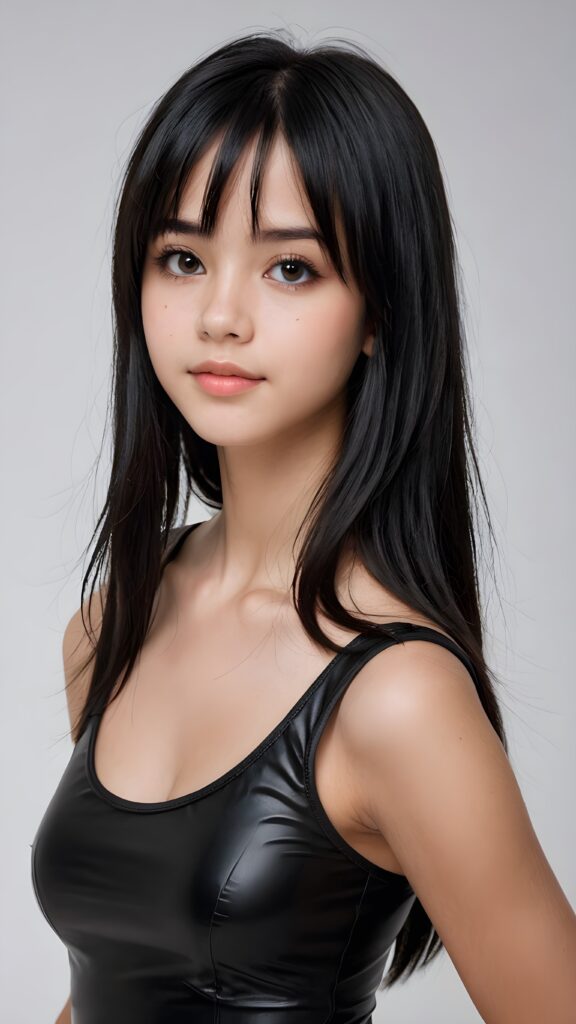 ((detailed, realistic)) ((portrait)) of (((cute and gorgeous))) ((long, straight black hair)) ((stunning)) a beautifully ((teen girl)), 15 years old, bangs cut, angelic round face, ((black eye)) looks at the camera, perfect curved body, (wears a super short tight (black tank top) made of latex), white background, side view, ((no background)), cinematic dimmed light