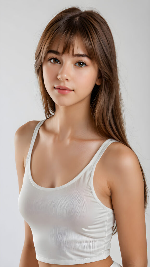 ((detailed, realistic)) ((portrait)) of (((cute and gorgeous))) ((long, straight brown hair)) ((stunning)) a beautifully ((teen girl)), 15 years old, bangs cut, angelic round face, ((hazelnut eye)) looks at the camera, perfect curved body, (wears a super short tight (white tank top) made on thin silk), perfect anatomy, white background, side view, ((no background)), cinematic dimmed light