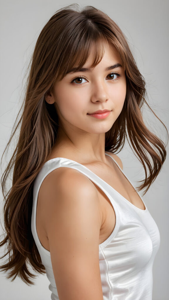 ((detailed, realistic)) ((portrait)) of (((cute and gorgeous))) ((long, straight brown hair)) ((stunning)) a beautifully ((teen girl)), 15 years old, bangs cut, angelic round face, ((hazelnut eye)) looks at the camera, perfect curved body, (wears a super short tight (white tank top) made on thin silk), perfect anatomy, white background, side view, ((no background)), cinematic dimmed light