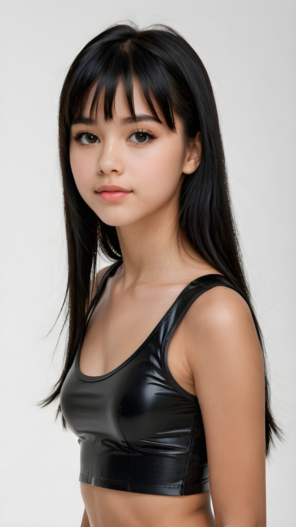 ((detailed, realistic)) ((portrait)) of (((cute and gorgeous))) ((long, straight black hair)) ((stunning)) a beautifully ((teen girl)), 15 years old, bangs cut, angelic round face, ((black eye)) looks at the camera, perfect curved body, (wears a super short tight (black tank top) made of latex), white background, side view, ((no background)), cinematic dimmed light