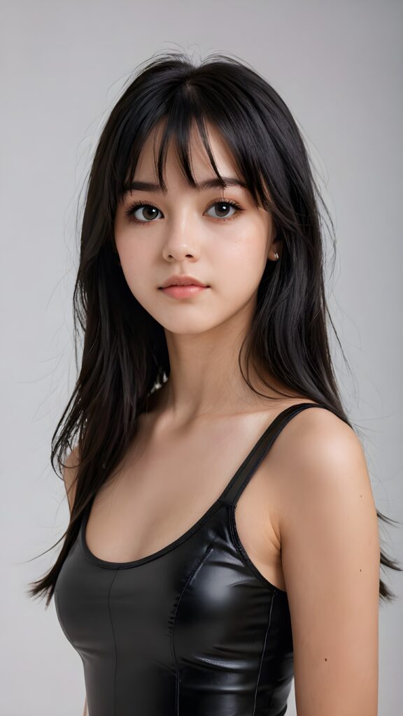 ((detailed, realistic)) ((portrait)) of (((cute and gorgeous))) ((long, straight black hair)) ((stunning)) a beautifully ((teen girl)), 15 years old, bangs cut, angelic round face, ((black eye)) looks at the camera, perfect curved body, (wears a super short tight (black tank top) made of latex), white background, side view, ((no background)), cinematic dimmed light