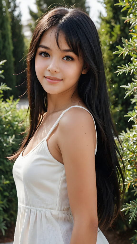 ((detailed, realistic)) ((portrait)) of (((cute and gorgeous))) ((long, straight black hair)) ((stunning)) a beautifully ((young teen girl)), bangs cut, angelic round face, ((black eye)) looks at the camera, perfect curved body, white background, side view, ((no background)), cinematic dimmed light, thin white dressed in a tank top, warm smile. She stands in front of a large green hedge of cypress trees