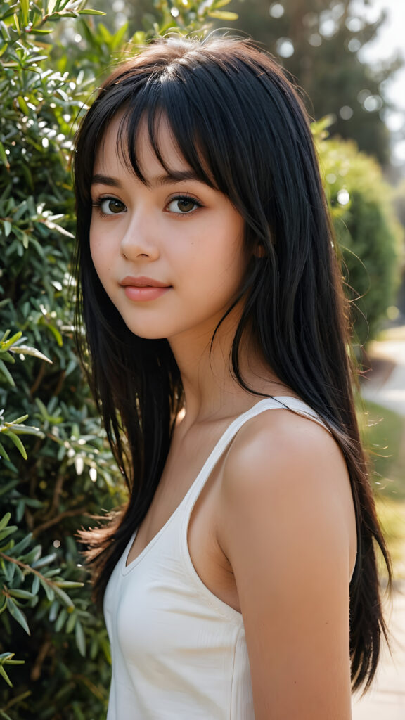 ((detailed, realistic)) ((portrait)) of (((cute and gorgeous))) ((long, straight black hair)) ((stunning)) a beautifully ((young teen girl)), bangs cut, angelic round face, ((black eye)) looks at the camera, perfect curved body, white background, side view, ((no background)), cinematic dimmed light, thin white dressed in a tank top, warm smile. She stands in front of a large green hedge of cypress trees