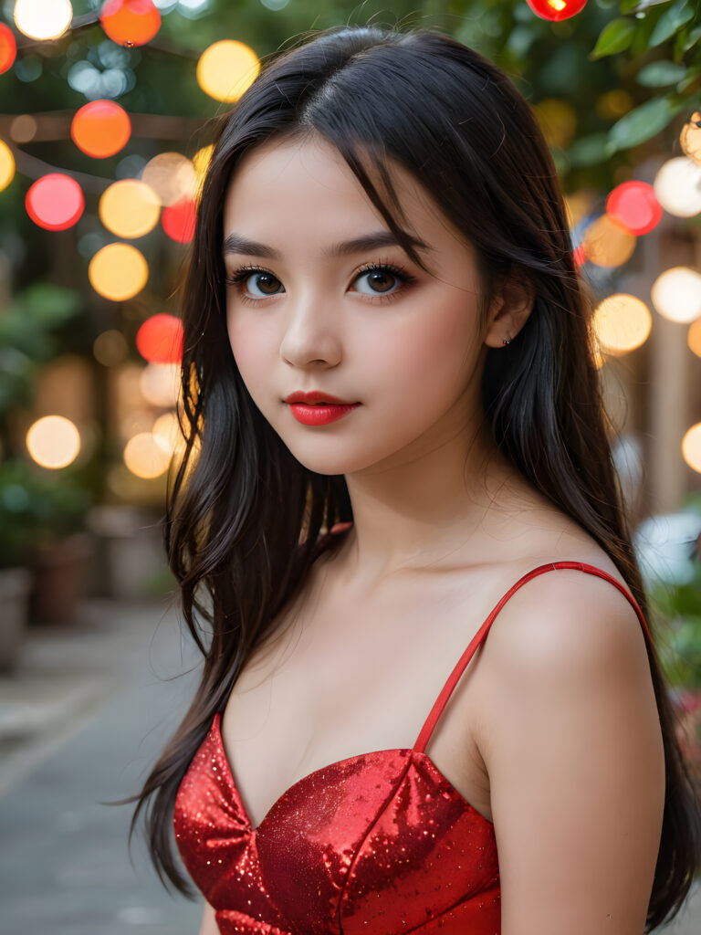 detailed, realistic upper body portrait: a 17 years teen girl with long soft black straight hair, black eyes, red bright lips, wearing a red mini crop top