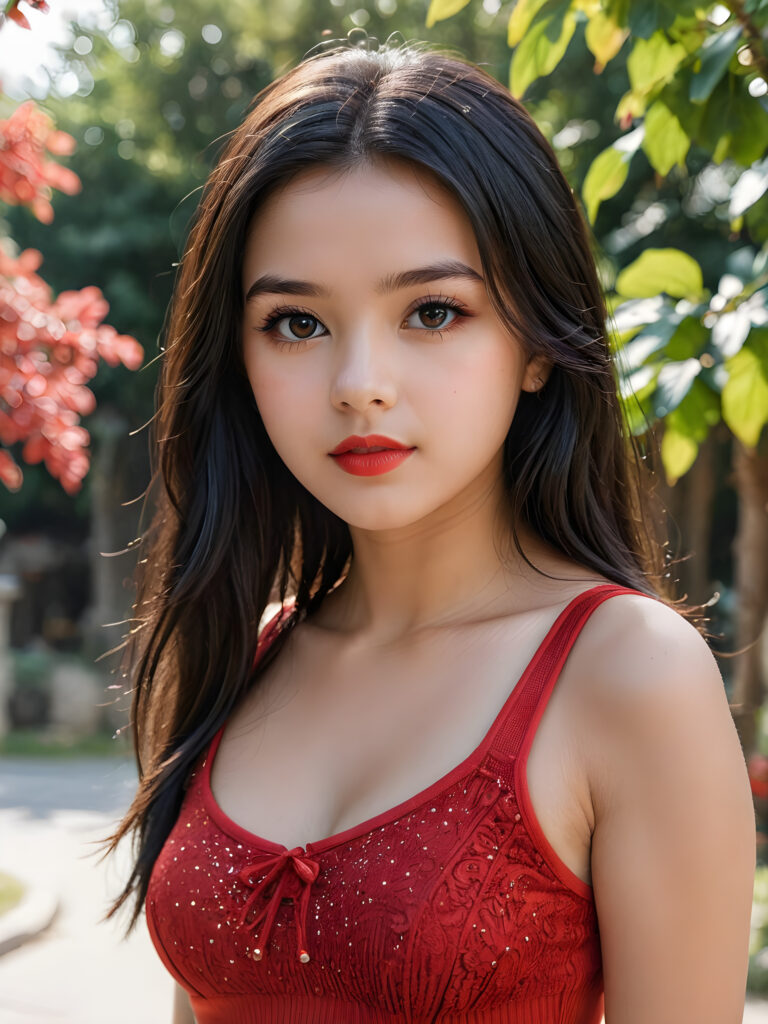 detailed, realistic upper body portrait: a 17 years teen girl with long soft black straight hair, black eyes, red bright lips, wearing a red mini crop top