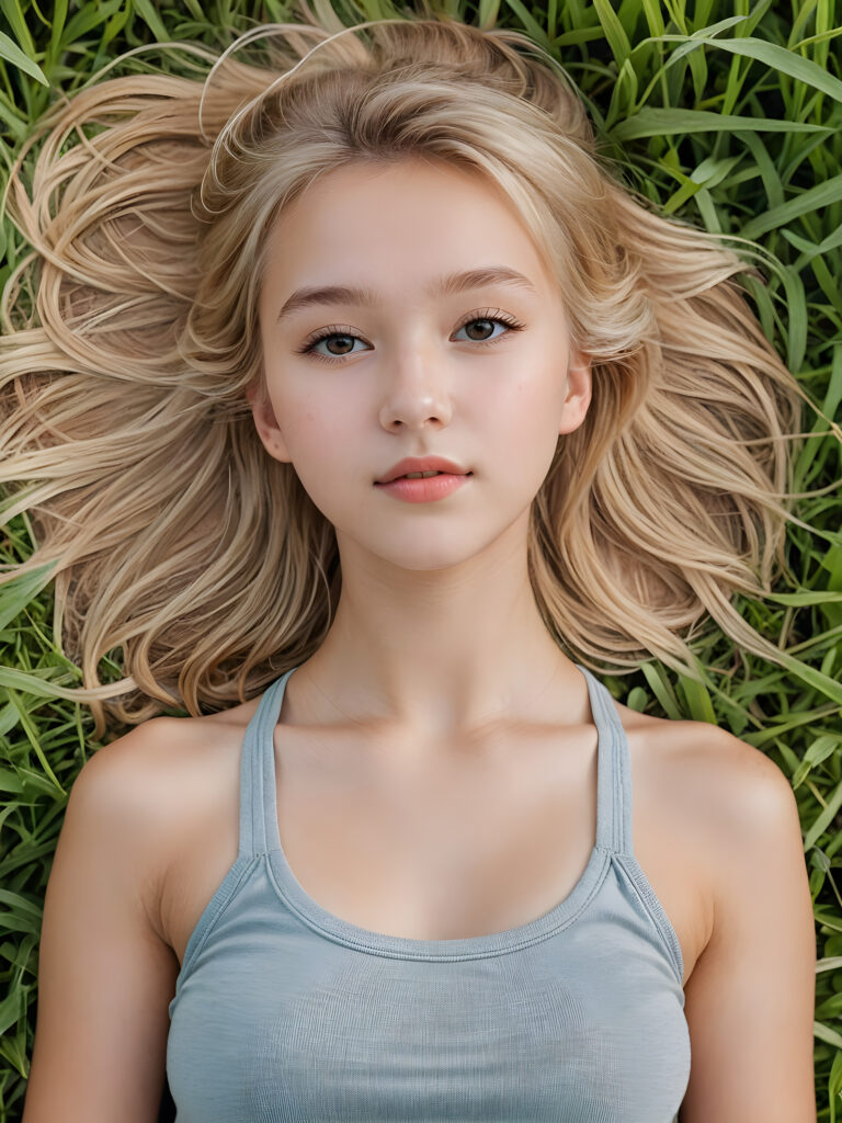 detailed shot: a young teen girl lies in a field, bird's eye view, full body, she has soft blond hair, ((crop top)), perfect fit body