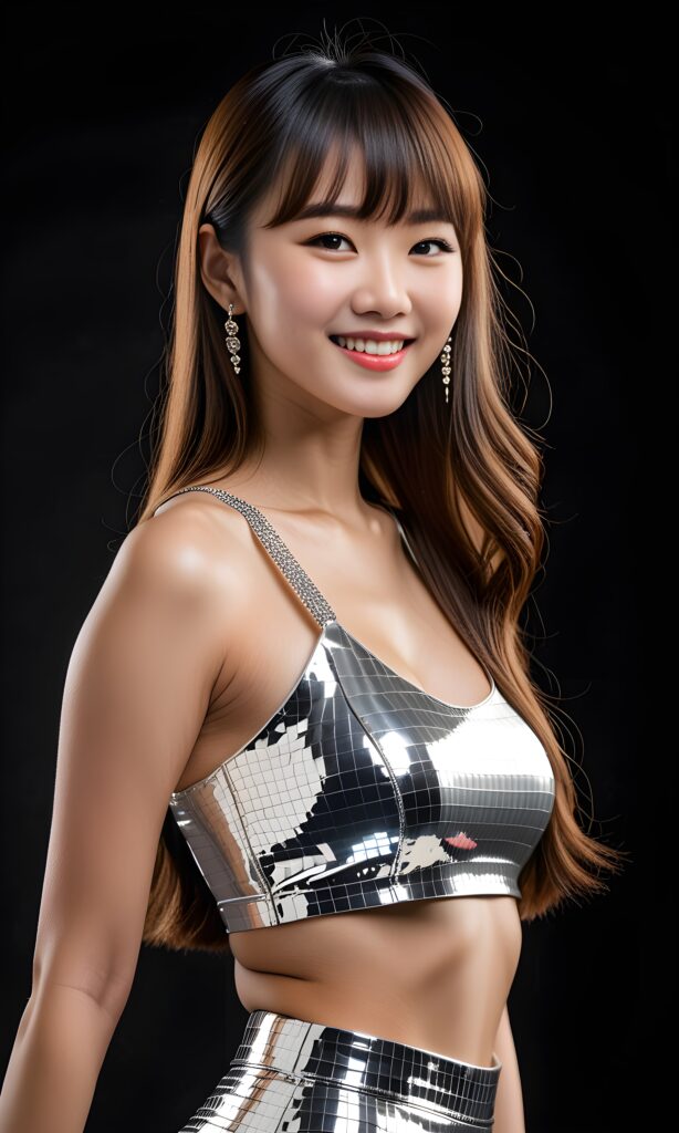 ((detailed portrait)) a (((cute adult girl))) with long hairs (((Korean bangs cut))), wearing a silver party crop top, smile softly ((full body picture)), perfect curved body, side view, night, black background