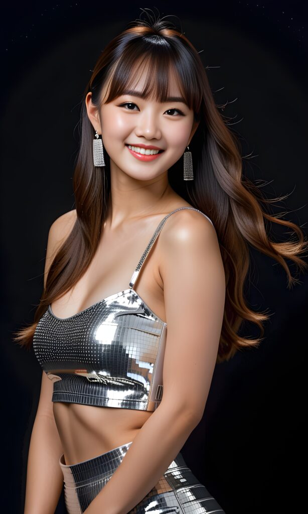 ((detailed portrait)) a (((cute adult girl))) with long hairs (((Korean bangs cut))), wearing a silver party crop top, smile softly ((full body picture)), perfect curved body, side view, night, black background