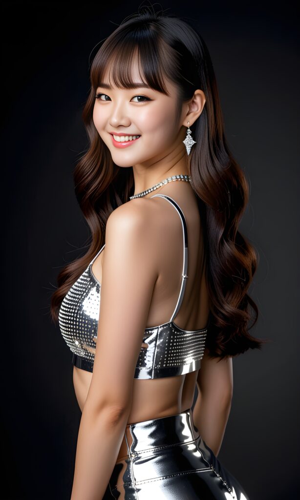 ((detailed portrait)) a (((cute adult girl))) with long hairs (((Korean bangs cut))), wearing a silver party crop top, smile softly ((full body picture)), perfect curved body, side view, night, black background