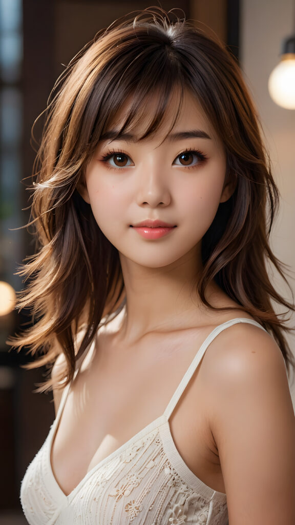 (elegant) (attractive) (stunning), a beautifully realistic, cinematic lights, (((Japanese teen girl))) 15 years old, bangs cut, realistic detailed angelic face, (((realistic detailed brown eye))) ((realistic and detailed soft hair)) looks happy at the camera, portrait shot, perfect curved, wears a super short tight (cropped tank top, deep v-neck), perfect anatomy, side perspective, ((no background))