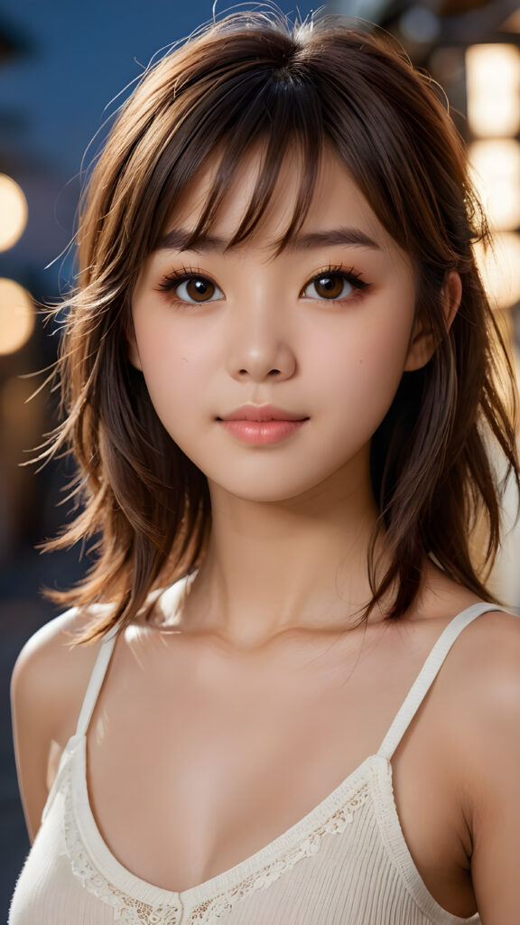 (elegant) (attractive) (stunning), a beautifully realistic, cinematic lights, (((Japanese teen girl))) 15 years old, bangs cut, realistic detailed angelic face, (((realistic detailed brown eye))) ((realistic and detailed soft hair)) looks happy at the camera, portrait shot, perfect curved, wears a super short tight (cropped tank top, deep v-neck), perfect anatomy, side perspective, ((no background))