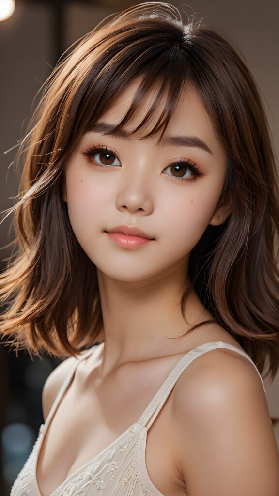 (elegant) (attractive) (stunning), a beautifully realistic, cinematic lights, (((Japanese teen girl))) 15 years old, bangs cut, realistic detailed angelic face, (((realistic detailed brown eye))) ((realistic and detailed soft hair)) looks happy at the camera, portrait shot, perfect curved, wears a super short tight (cropped tank top, deep v-neck), perfect anatomy, side perspective, ((no background))