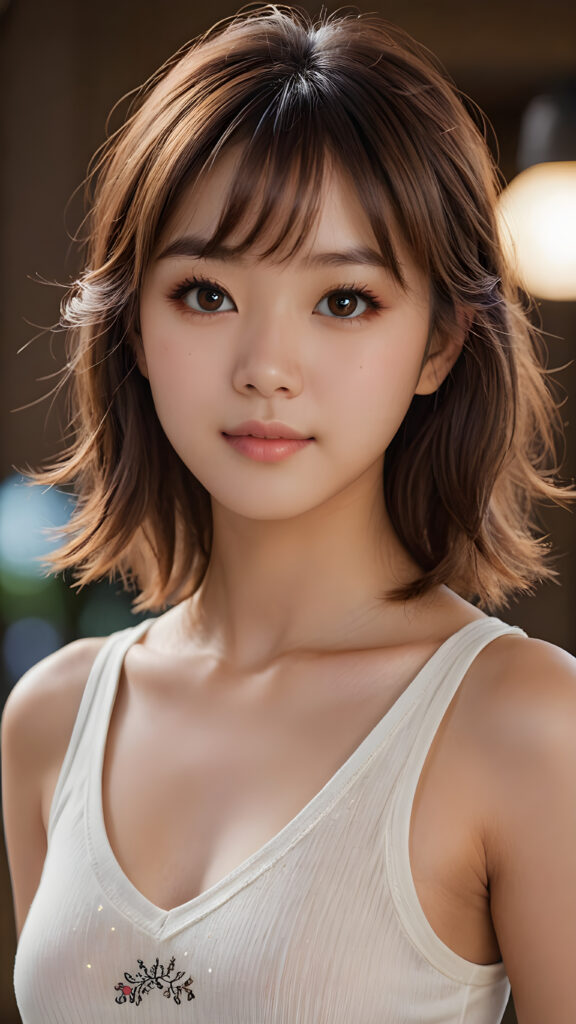 (elegant) (attractive) (stunning), a beautifully realistic, cinematic lights, (((Japanese teen girl))) 15 years old, bangs cut, realistic detailed angelic face, (((realistic detailed brown eye))) ((realistic and detailed soft hair)) looks happy at the camera, portrait shot, perfect curved, wears a super short tight (cropped tank top, deep v-neck), perfect anatomy, side perspective, ((no background))