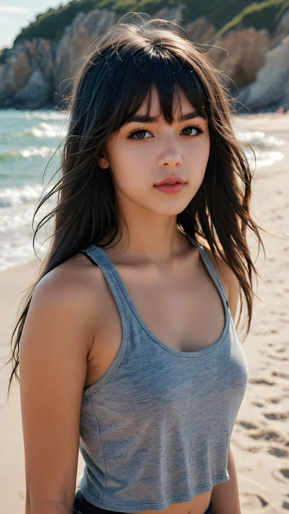 a realistic, detailed face, (((super cute))) (((petite))), (((emo teen girl))) with long, flowing (((dark grey super soft hair, bangs))), (((dark crop tank top))), (((vividly drawn full kissable lips))), all against a backdrop of a (serene, sandy beach)