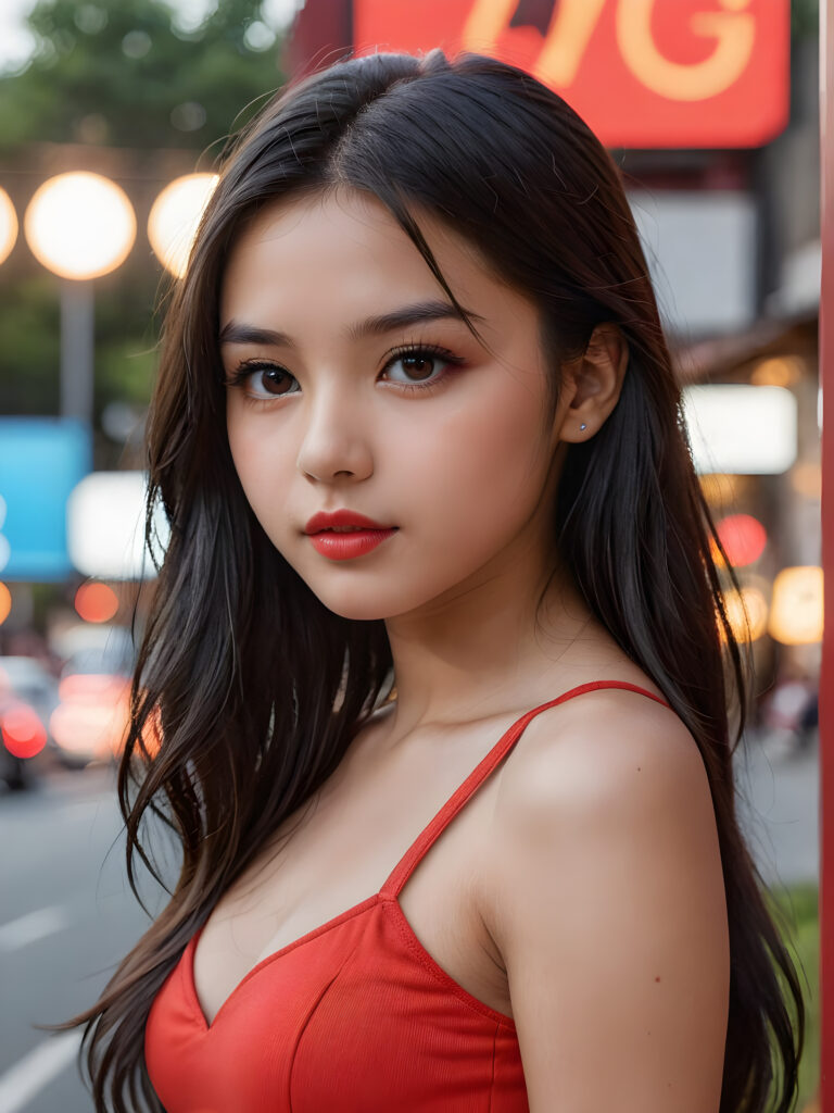 detailed, realistic upper body portrait: a 17 years teen girl with long soft black straight hair, black eyes, red bright full kissable lips, wearing a red mini crop top, side view, epic backdrop