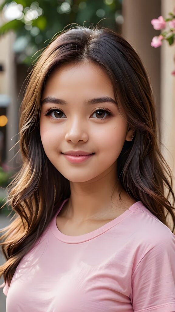 a stunning portrait (((ultra realistic professional photograph))) ((cute)) ((gorgeous)) excellently capturing an amiable, young Exotic teen girl, straight jet long hair, round face, full lips, smile, side view, ((pink no printed t-shirt))