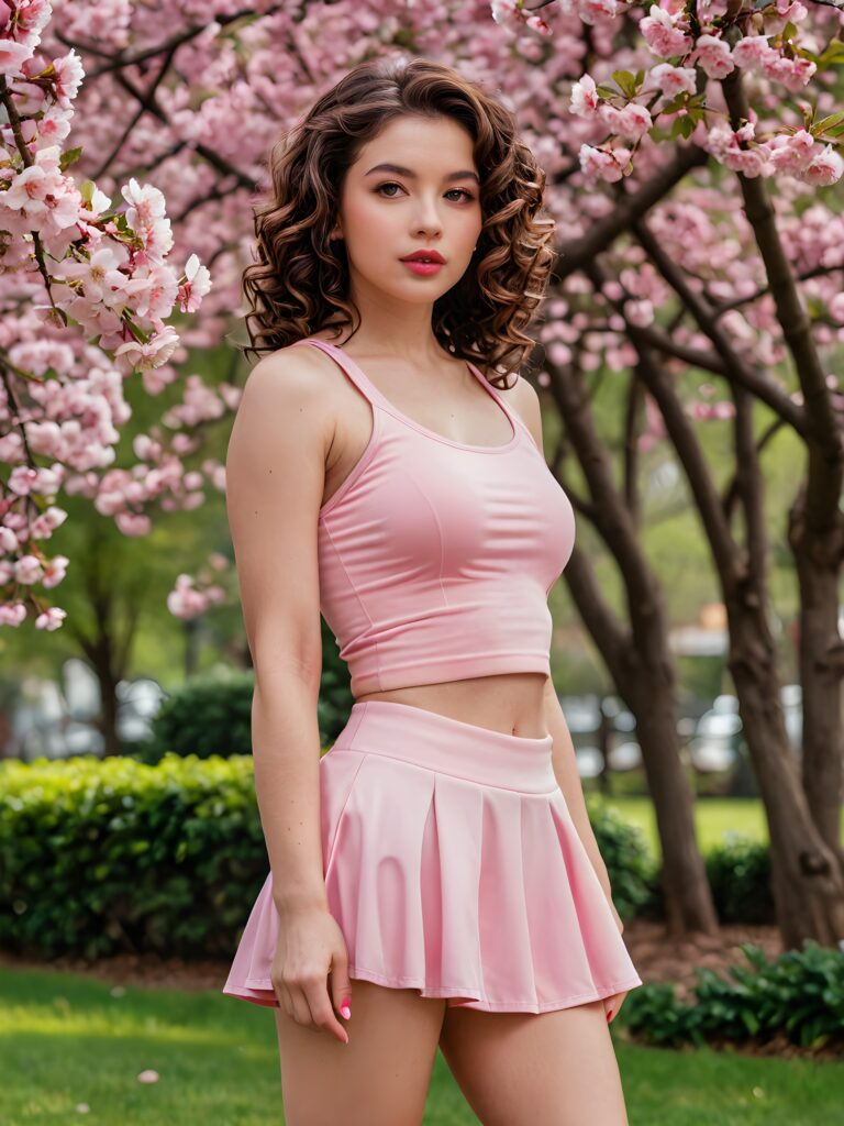 ((full body)) ((cute)) (((gorgeous)) ((stunning)) a (((beautiful babe))), with flowing, (((dark curls))), (((full lips))), (((round angelic face))), dressed in a (((pink short sport top))), (((short pink mini skirt))), posing in an cherry blossom