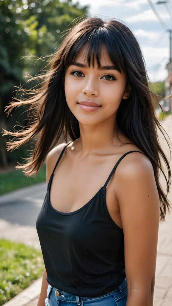 full body of pretty brown-skinned indigenous girl with long black soft straight hair, bangs cut, brown eyes, gentle smile, wearing a tank top. Brown skin, straight black hair, bangs cut, unique, beautiful, cute, pretty face, full body, slim, short stature, little shoes on her feet, unique, beautiful, cute, straight black hair with bangs cut. Her hair was blown away by the strong wind. (((Blowing hair)))