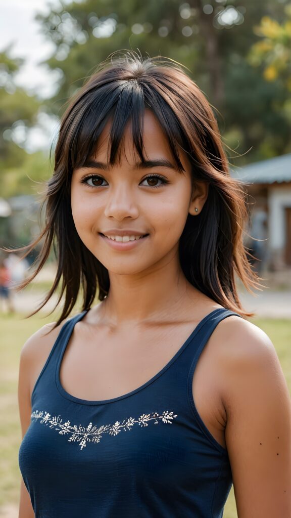 full body of pretty brown-skinned indigenous girl with black soft straight hair, bangs cut, brown eyes, gentle smile, wearing a tank top