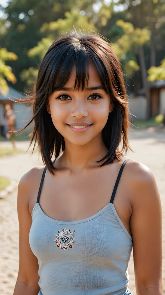 full body of pretty brown-skinned indigenous girl with black soft straight hair, bangs cut, brown eyes, gentle smile, wearing a tank top