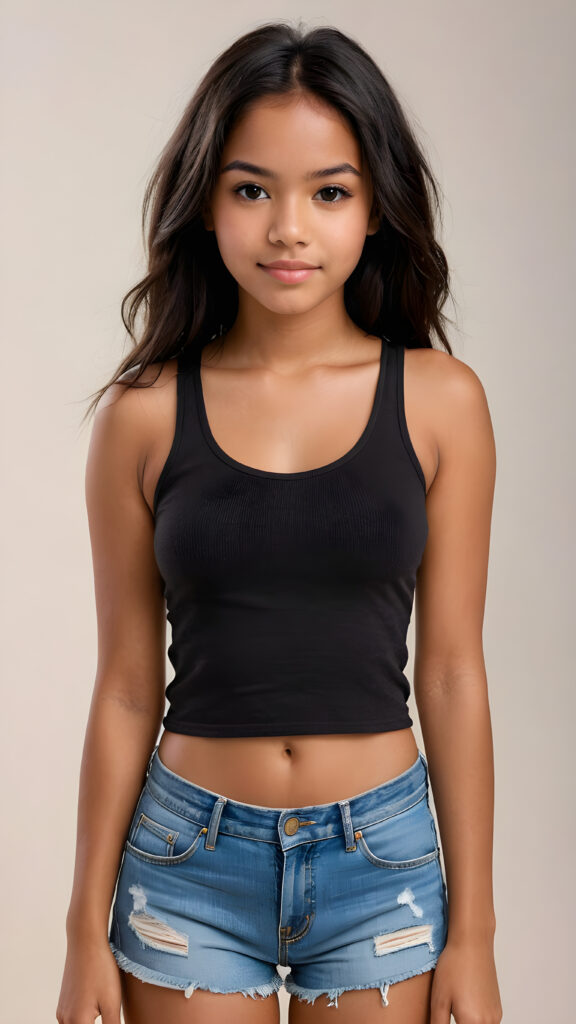 full body of pretty brown-skinned indigenous teen girl with black soft hair, brown eyes, wearing a short plain tank top that support her perfect body