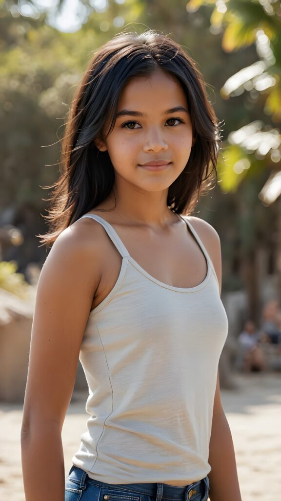 full body of pretty brown-skinned indigenous teen girl with black soft hair, brown eyes, wearing a short tank top