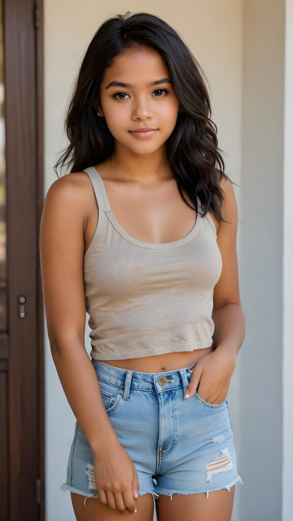 full body of pretty brown-skinned indigenous teen girl with black soft hair, brown eyes, wearing a short plain tank top that support her perfect body