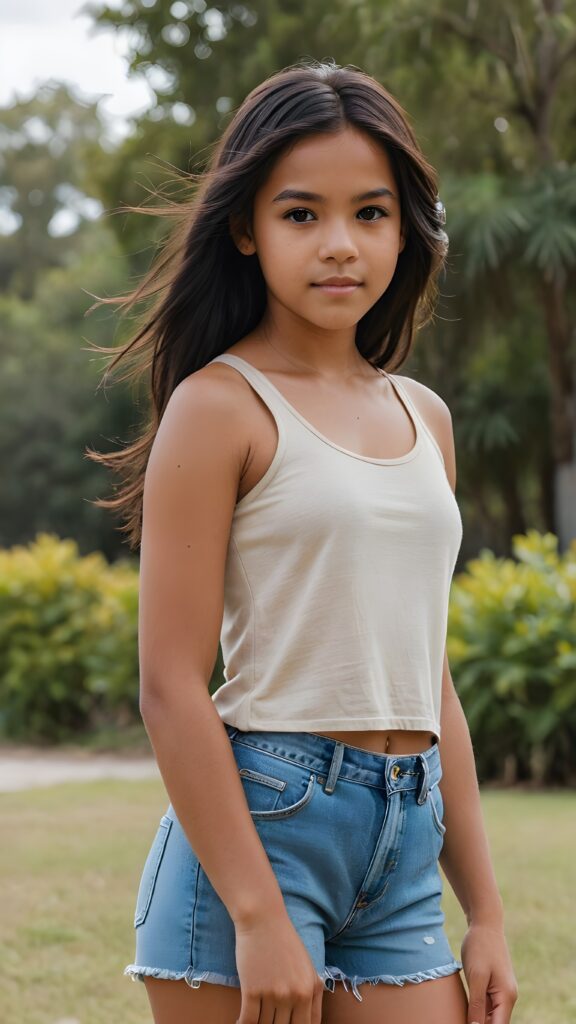 full body of pretty brown-skinned indigenous teen girl with black soft hair, brown eyes, wearing a short tank top