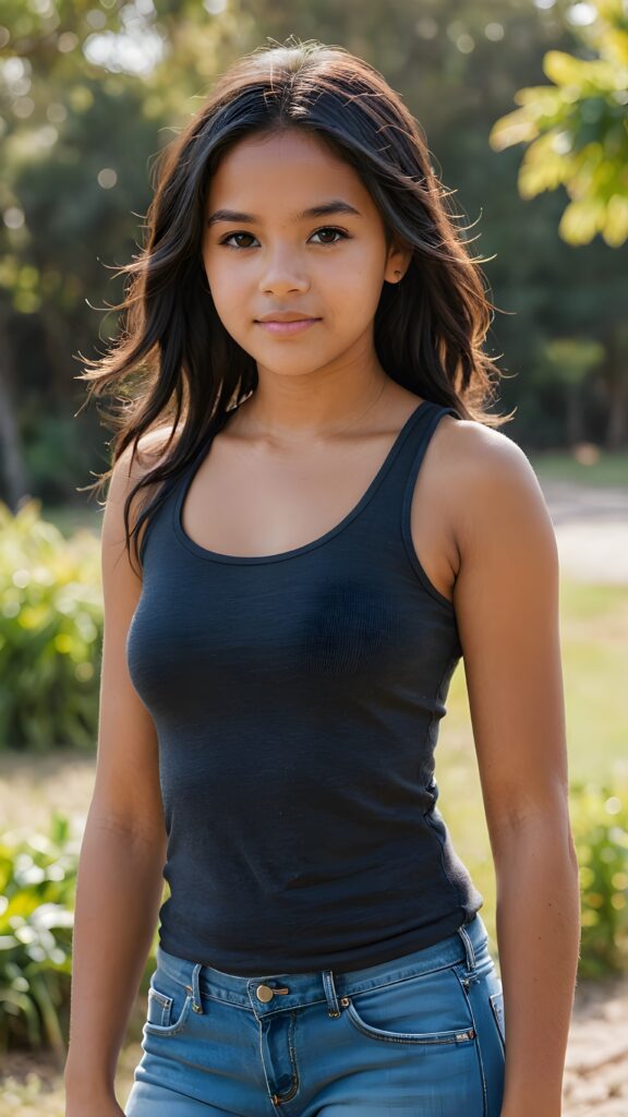 full body of pretty brown-skinned indigenous teen girl with black soft hair, brown eyes, wearing a short tank top