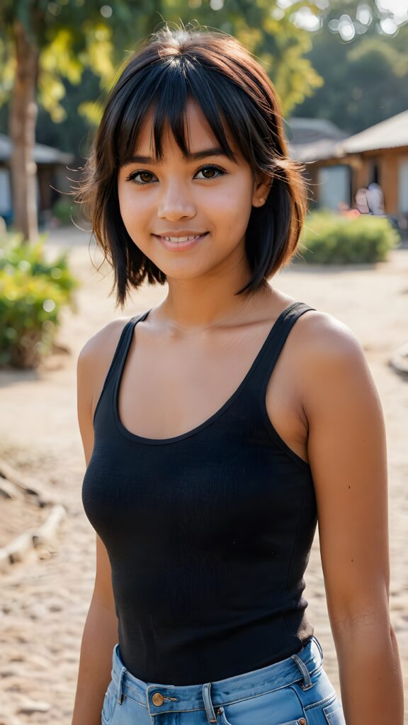 full body of pretty brown-skinned indigenous girl with black soft straight hair, bangs cut, brown eyes, gentle smile, wearing a tank top